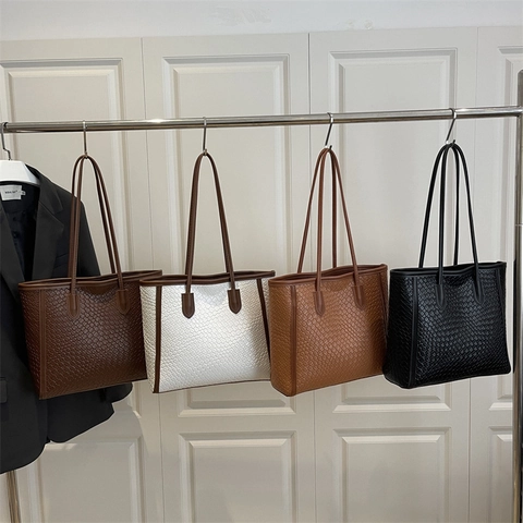 Borsa Tote Grande Capacità Trama Intrecciata Borsa A Spalla In Pelle PU Per Ufficio Università Retro Colore Solido