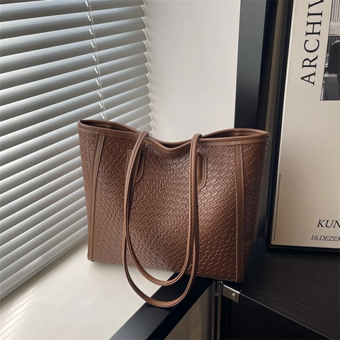 Borsa Tote Grande Capacità Trama Intrecciata Borsa A Spalla In Pelle PU Per Ufficio Università Retro Colore Solido