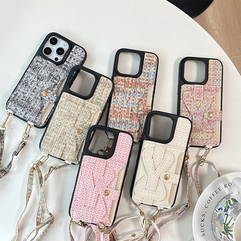 Tweed Fabric Phone Case With Crossbody Strap Card Holder Wallet Wristband Bow Decoration Chic Style For Women