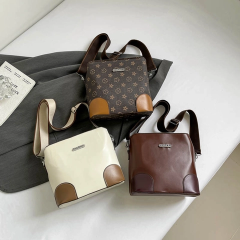 Vintage Monogram Bucket Bag PU Leather Contrast Color Large Capacity Crossbody Shoulder Handbag For Women Wide Strap