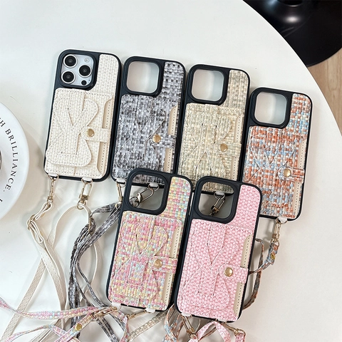 Tweed Fabric Phone Case With Crossbody Strap Card Holder Wallet Wristband Bow Decoration Chic Style For Women