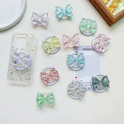 Supporto Per Telefono Fiocco Carino Con Glitter Paillettes Acrilico Magnetico Impugnatura Pieghevole Per Cellulare