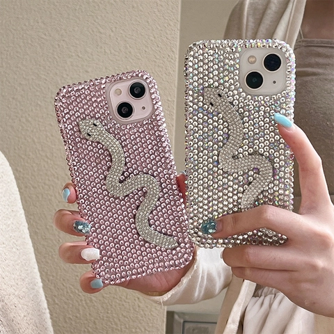 Luxury Full Rhinestone Snake Phone Case For IPhone 17 16 15 14 13 12 11 Pro Max Acrylic Bling Shiny Diamond Cover