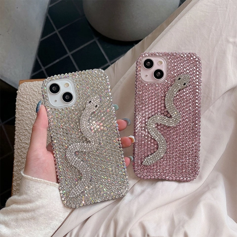 Luxury Full Rhinestone Snake Phone Case For IPhone 17 16 15 14 13 12 11 Pro Max Acrylic Bling Shiny Diamond Cover