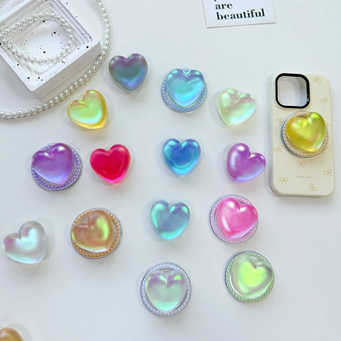 Heart Shaped Phone Grip Laser Holographic Iridescent Artificial Pearl Magnetic Adhesive Retractable Airbag Cute Stand Holder