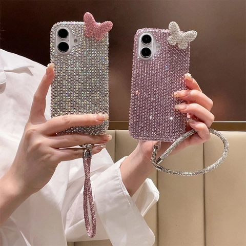 Butterfly Rhinestone Phone Case For iPhone 17 16 15 14 13 12 11 Acrylic Full Diamond 3D Cover With Wrist Strap