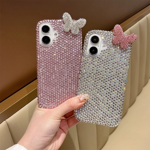 Butterfly Rhinestone Phone Case For iPhone 17 16 15 14 13 12 11 Acrylic Full Diamond 3D Cover With Wrist Strap
