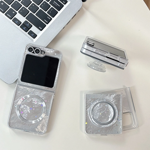 Foldable Phone Case Silver Foil Texture Holographic Star Sequins Magnetic Ring Bracket Luxury Shiny Protective Cover