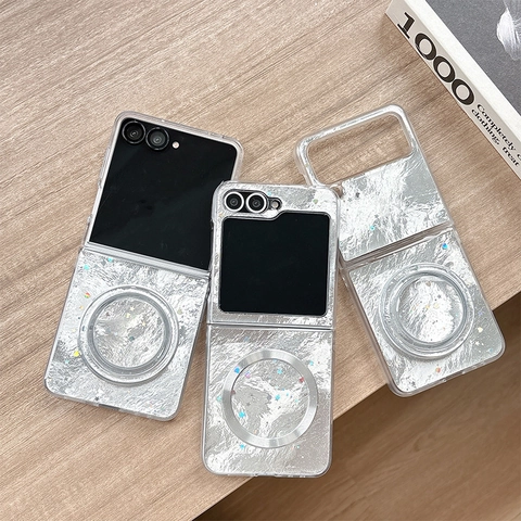 Foldable Phone Case Silver Foil Texture Holographic Star Sequins Magnetic Ring Bracket Luxury Shiny Protective Cover