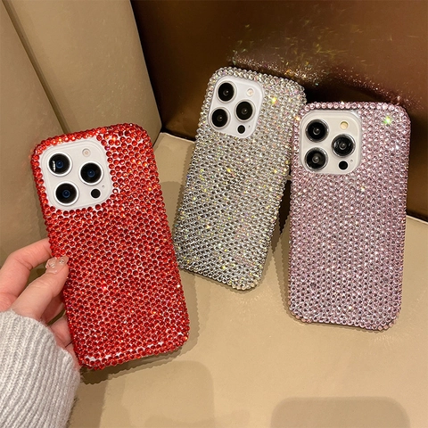 Sparkling Full Rhinestone Luxury Protective Case Bling Crystal Acrylic Back Cover Smartphone Accessories Detachable Wrist Strap Lanyard