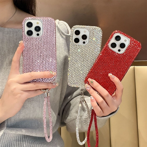 Sparkling Full Rhinestone Luxury Protective Case Bling Crystal Acrylic Back Cover Smartphone Accessories Detachable Wrist Strap Lanyard