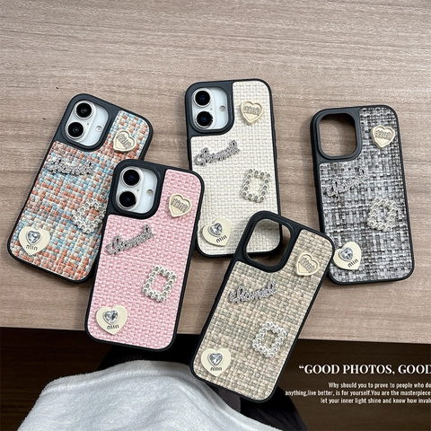Custodia Per Telefono Con Cuore Di Strass Trama Intrecciata In Tweed Elegante Cover Protettiva Di Lusso Donna
