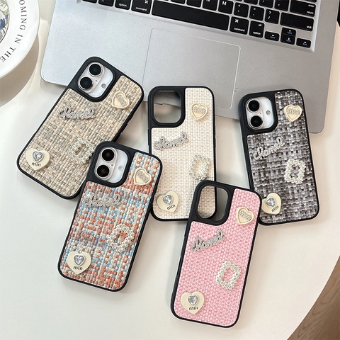 Custodia Per Telefono Con Cuore Di Strass Trama Intrecciata In Tweed Elegante Cover Protettiva Di Lusso Donna