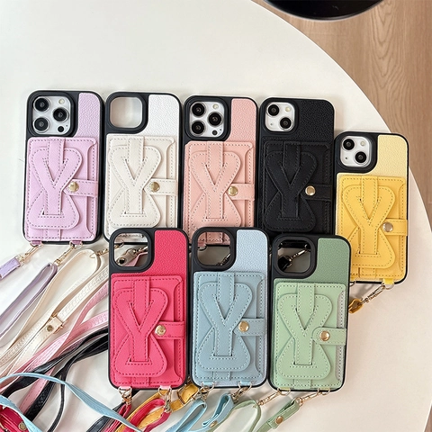 Custodia Tracolla Pelle PU Grana Litchi Portafoglio Porta Carte Cordino Moda Colore Solido Protezione Smartphone