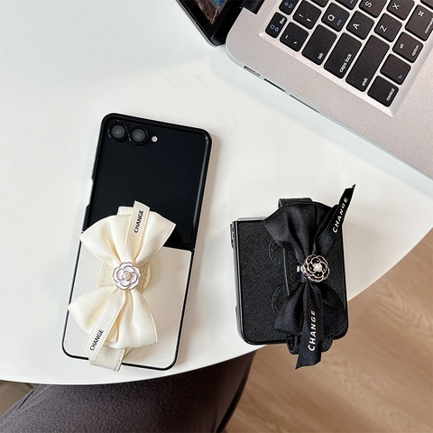 Folding Phone Case Camellia Flower Large Satin Ribbon Bow PU Leather Artificial Pearl Decor Elegant Stylish For Samsung Z Flip
