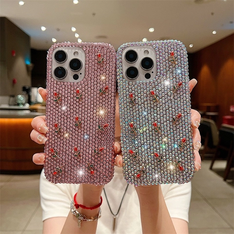 Luxe Strass Telefoonhoesje Met 3D Legering Roos Glinsterende Handgemaakte Acryl Cover Voor iPhone 11 Tot 17 Pro Max