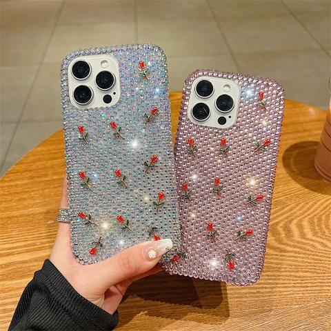Luxe Strass Telefoonhoesje Met 3D Legering Roos Glinsterende Handgemaakte Acryl Cover Voor iPhone 11 Tot 17 Pro Max