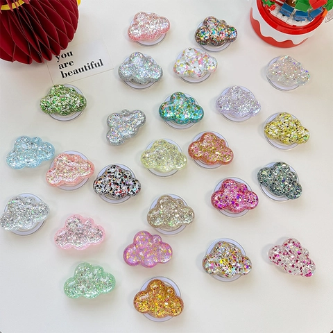 Telefoonhouder Wolk Vorm Schattig Hars Glitter Pailletten Uitbreidbaar Smartphone Greep Zelfklevend Bureau Standaard