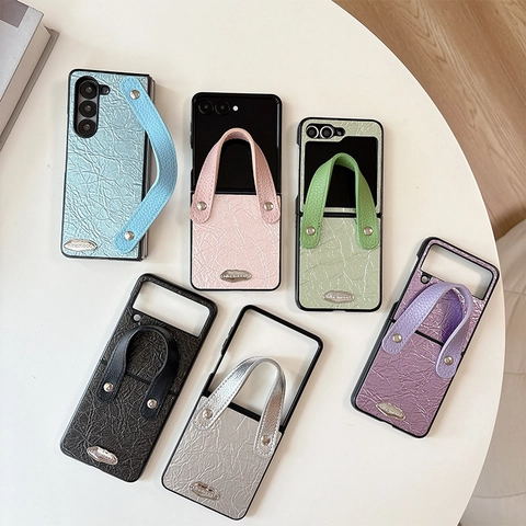 Solid Color Wrinkle Texture PU Leather Phone Case With Wrist Strap Handle For Samsung Z Flip Fold Folding Screen Models