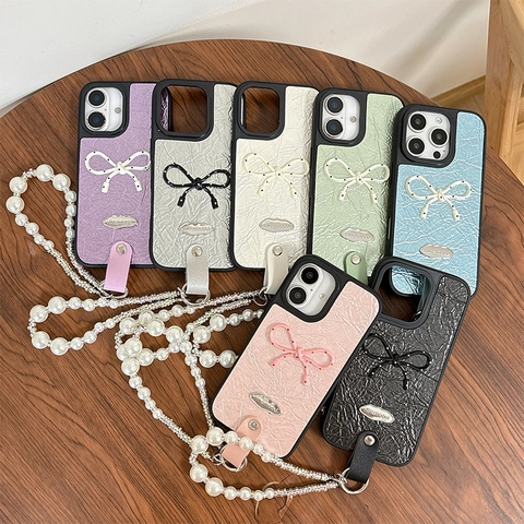 Bow Leather Phone Case For iPhone 16 17 Pro Max Artificial Pearl Wrist Strap Chain Wrinkled Texture Polka Dot Fashion Style Women