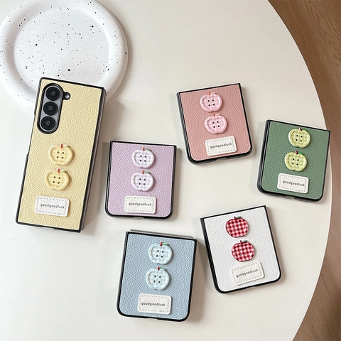 Foldable Phone Case Lychee Pattern Leather Cute Plaid Apple Buttons Decor Shockproof Protective Cover