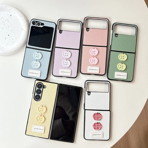 Foldable Phone Case Lychee Pattern Leather Cute Plaid Apple Buttons Decor Shockproof Protective Cover