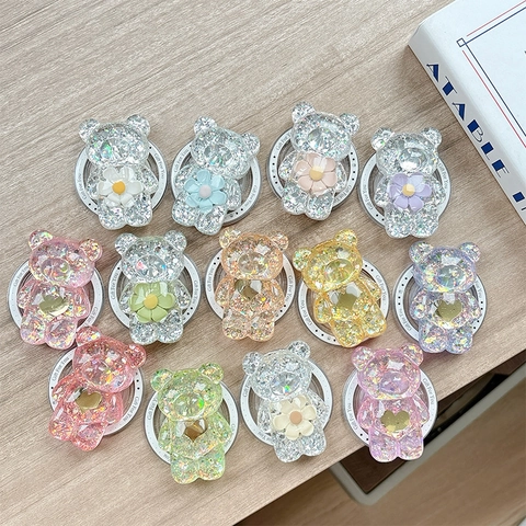 Magnetische Handyhalterung Süßer Bär Transparentes Harz Glitzer Pailletten Blume Herz Schreibtischständer Mädchen