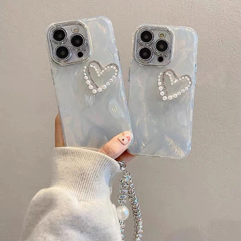 Luxury Artificial Pearl Heart Case For IPhone 17 16 15 14 13 12 Pro Max Rhinestone Double Heart Shockproof Hard Shell Cover Artificial Pearl Bracelet