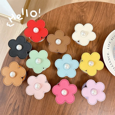 Supporto Magnetico Per Telefono Forma Di Fiore Pelle PU Con Perla Artificial Retrattile Pieghevole Supporto Per Dito