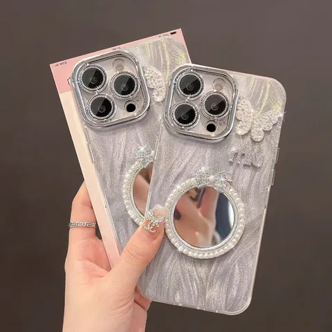 Rhinestone Butterfly Artificial Pearl Mirror Phone Case Glitter Luxury Makeup Mirror Protective Cover With Beaded Bracelet Women
