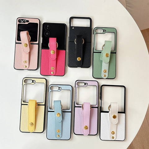 Lychee Pattern PU Leather Folding Phone Case With Wrist Strap Metal Ring Solid Color Hard Shell Protective Cover