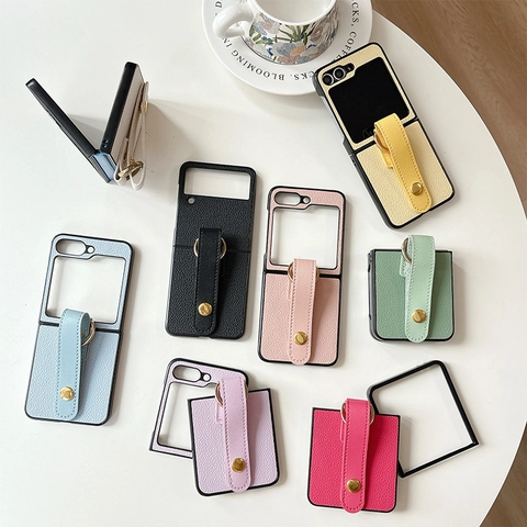 Lychee Pattern PU Leather Folding Phone Case With Wrist Strap Metal Ring Solid Color Hard Shell Protective Cover