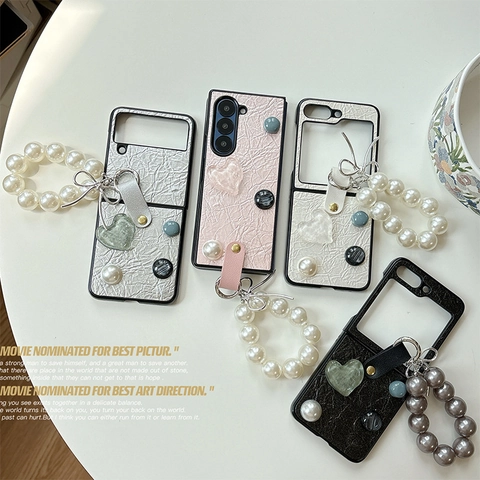 Custodia Pieghevole Per Cellulare In Pelle PU Increspata Decoro Cuore Catena Polso Künstliche Perle Fiocco Elegante Stile Chic