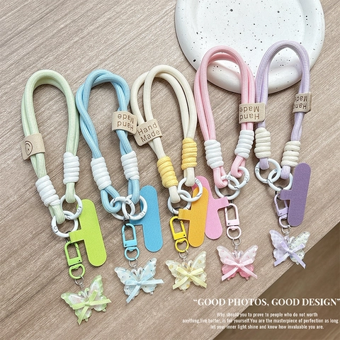 Braided Rope Phone Wrist Strap With Butterfly Resin Pendant Bow Smile Face Leather Patch For Mobile Case Accessories