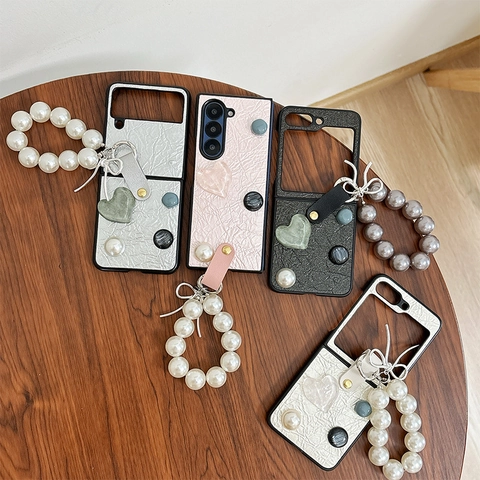 Custodia Pieghevole Per Cellulare In Pelle PU Increspata Decoro Cuore Catena Polso Künstliche Perle Fiocco Elegante Stile Chic