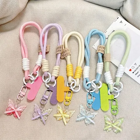 Braided Rope Phone Wrist Strap With Butterfly Resin Pendant Bow Smile Face Leather Patch For Mobile Case Accessories