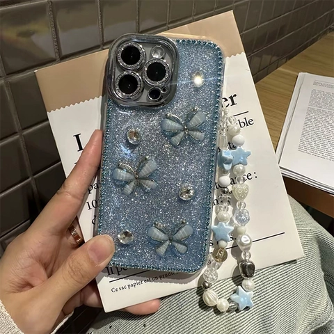 Custodia Per Telefono Blu Glitter Con Farfalla 3D Strass E Cinturino Da Polso In Perline Per iPhone Lusso