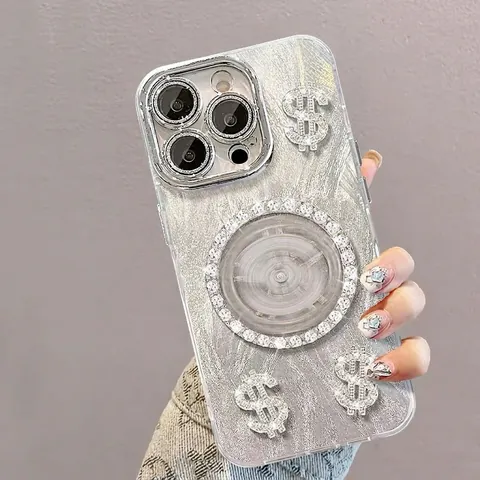 Coque De Smartphone De Luxe À Signe Dollar Rotatif En Strass Housse De Protection Pailletée Avec Künstliche Perle Et Charme En Alliage