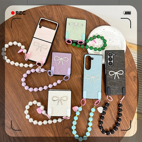 Phone Case Folding Pleated Leather Rhinestone Bow Artificial Pearl Bead Hand Chain Heart Pendant For Samsung Z Flip Fold