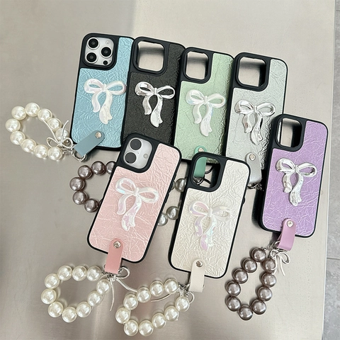 iPhone Case Luxury PU Leather Pleated Texture With 3D Bowknot And Artificial Pearl Wrist Strap Anti-Drop Protective Cover For Women
