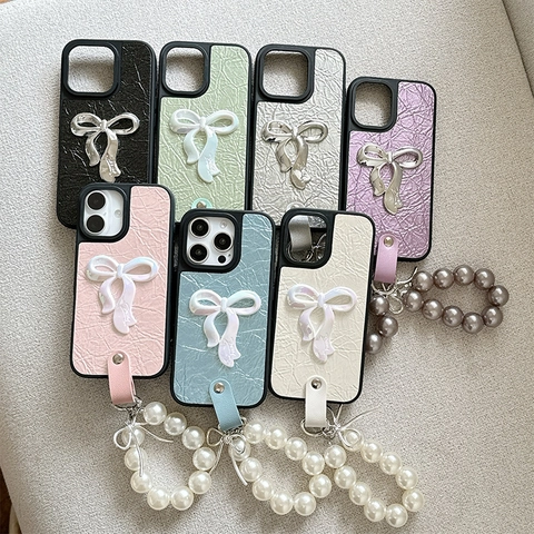 iPhone Case Luxury PU Leather Pleated Texture With 3D Bowknot And Artificial Pearl Wrist Strap Anti-Drop Protective Cover For Women