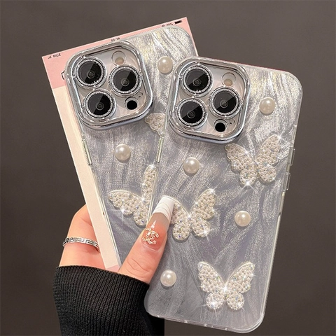 Luxury 3D Butterfly Smartphone Case Silver Grey Glitter Shockproof Acrylic TPU With Faux Artificial Pearl Rhinestone Decoration Elegant