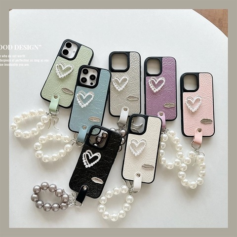 Phone Case Wrinkled PU Leather Artificial Pearl Heart Ornament With Elegant Wrist Strap Chain Bowknot Pendant Chic Protection