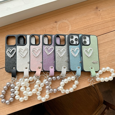 Phone Case Wrinkled PU Leather Artificial Pearl Heart Ornament With Elegant Wrist Strap Chain Bowknot Pendant Chic Protection