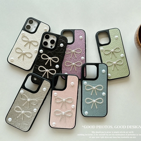 Phone Case Wrinkled PU Leather With Artificial Pearl Rhinestone Bowknot Shockproof Protective Cover For Women Girls