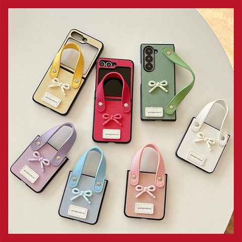 Folding Phone Case PU Leather Handbag Style With Hand Strap Bowknot For Samsung Galaxy Z Flip Fold Shockproof Protective Cover