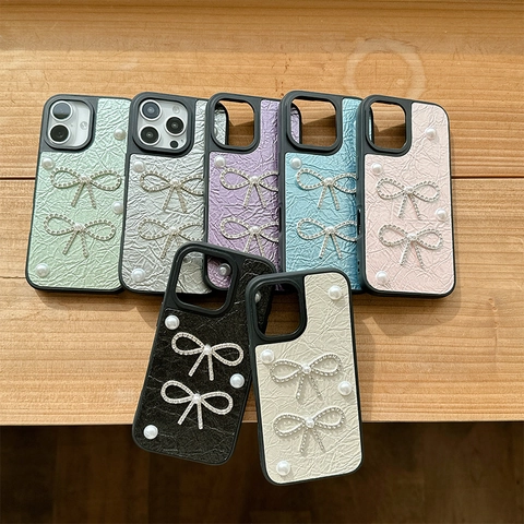 Phone Case Wrinkled PU Leather With Artificial Pearl Rhinestone Bowknot Shockproof Protective Cover For Women Girls