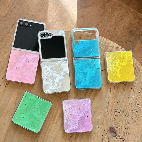 Folding Phone Case Foil Texture Glitter Starry Star Sequins Drip Glue Hard Shell Shockproof Cover For Samsung Z Flip