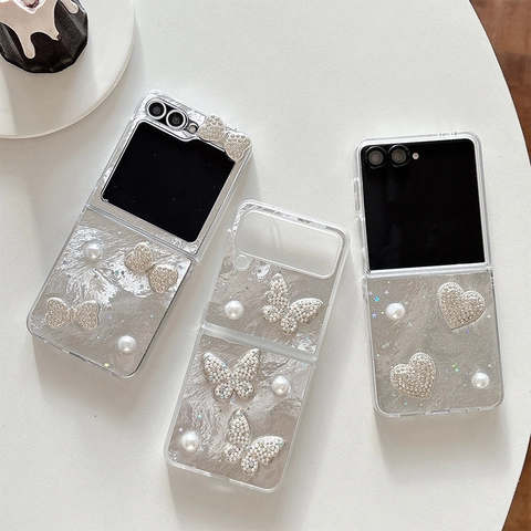 Rhinestone Butterfly Artificial Pearl Phone Case For Folding Screen Phone Glitter Luxury Protective PC Shell Cover Accessory