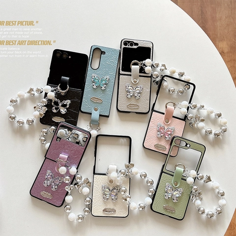 Butterfly Rhinestone Folding Phone Case Faux Leather Beaded Wristlet Strap Luxury Style Protective Cover